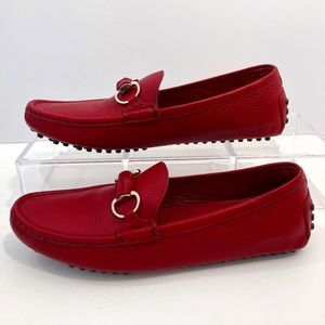 Gucci Red Leather Bamboo Horsebit Driving Loafers Size 39